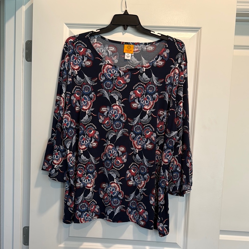 Ruby Rd 3X Navy & Red Floral Print Tunic with Bell Sleeves